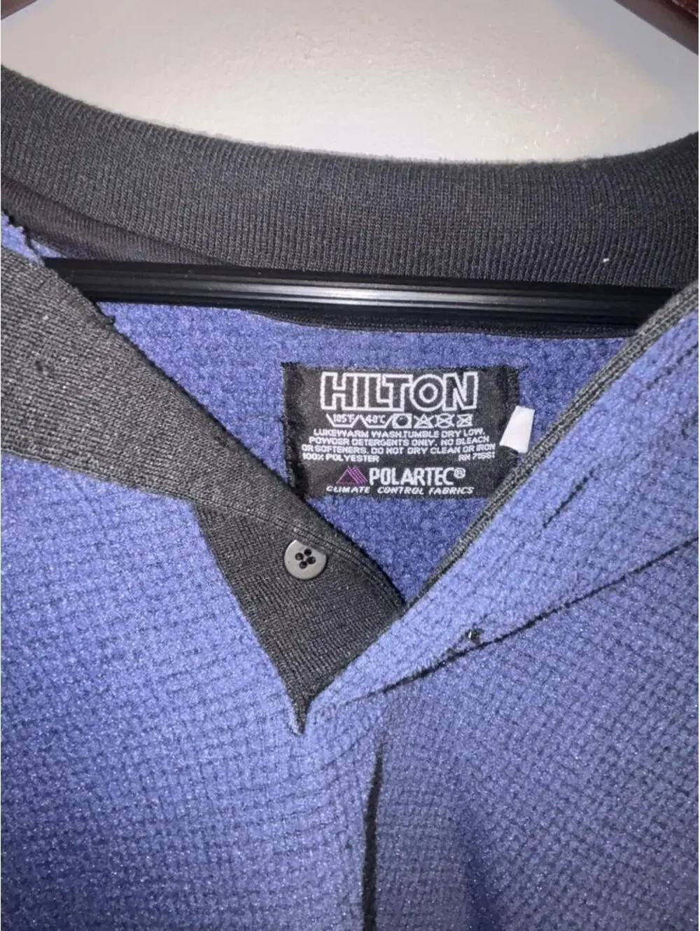 90s Hilton Ready Wear Blue Waffle Knit Pullover with Black Collar and Cuffs